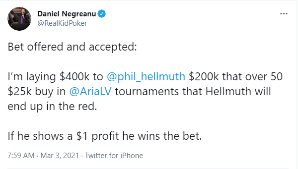 单挑还不够，丹牛押400K赌Phil Hellmuth打锦标赛没法盈利(图2)