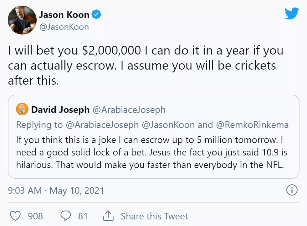 Jason Koon开出200万美元赌注押自己100米跑在10.9秒内(图1)